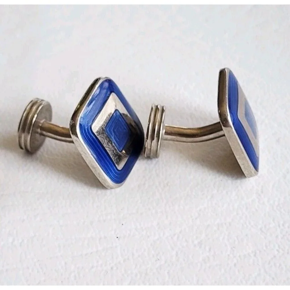 Cufflinks Genuine Charles Tyrwhitt Blue Enameled Silver-Plated Square Made in UK